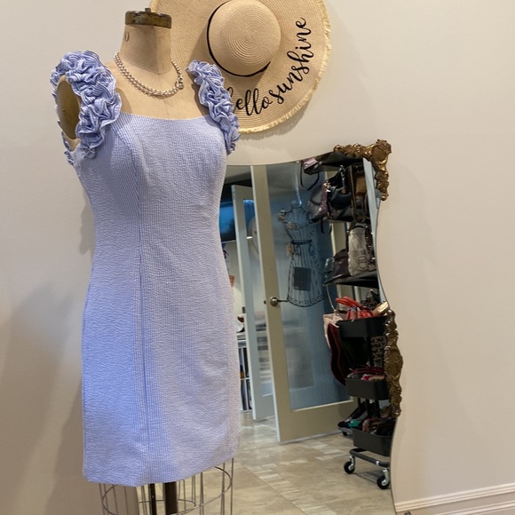 Eliza J Ruffle strap sheath dress striped seersucker size 4 - Picture 4 of 13